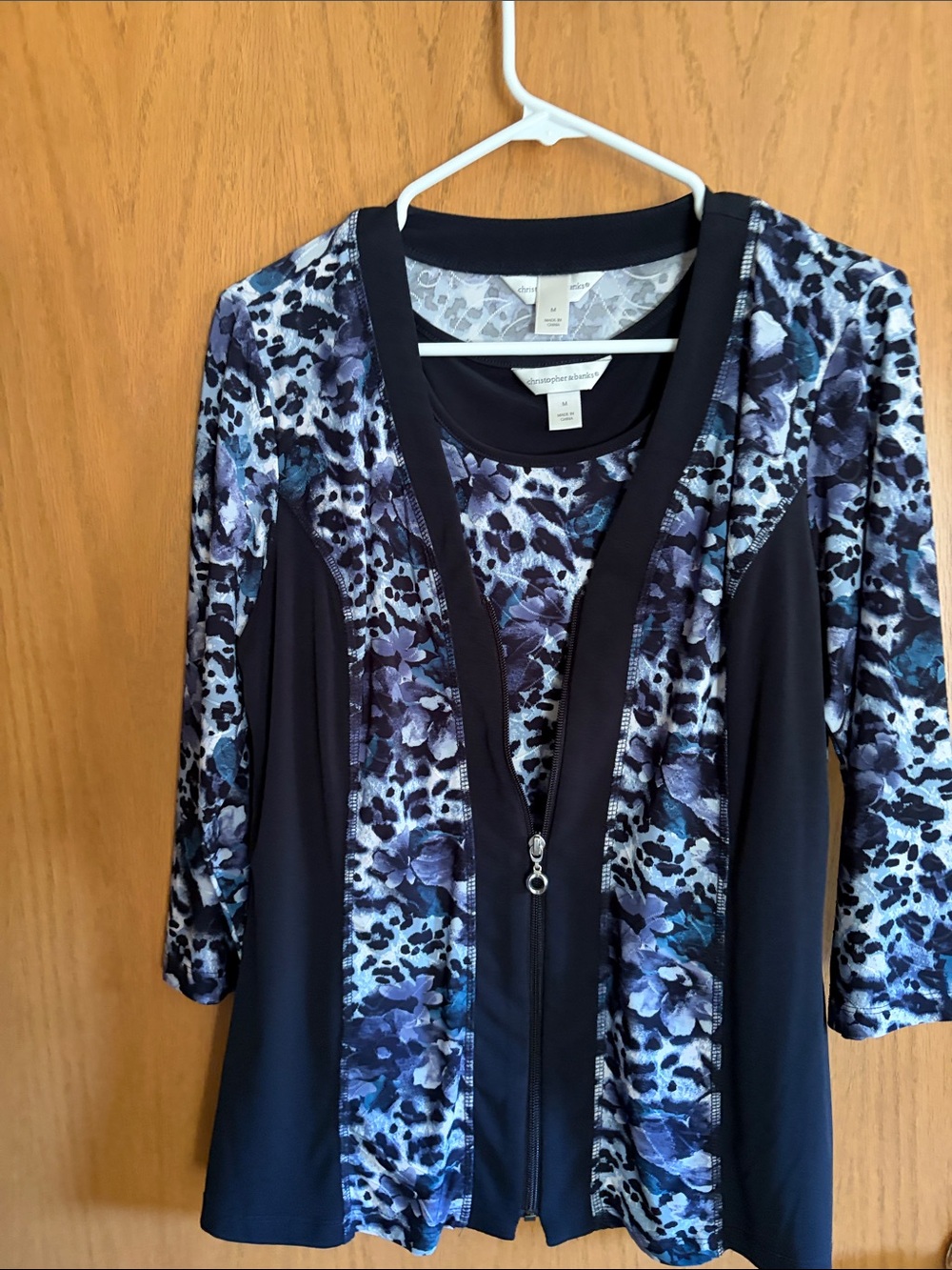 Christopher & Banks Black Tank with Blue Floral & Animal Print Panel